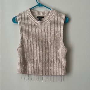 Forever 21 Beige Ribbed Sweater with Rhinestone Fringe